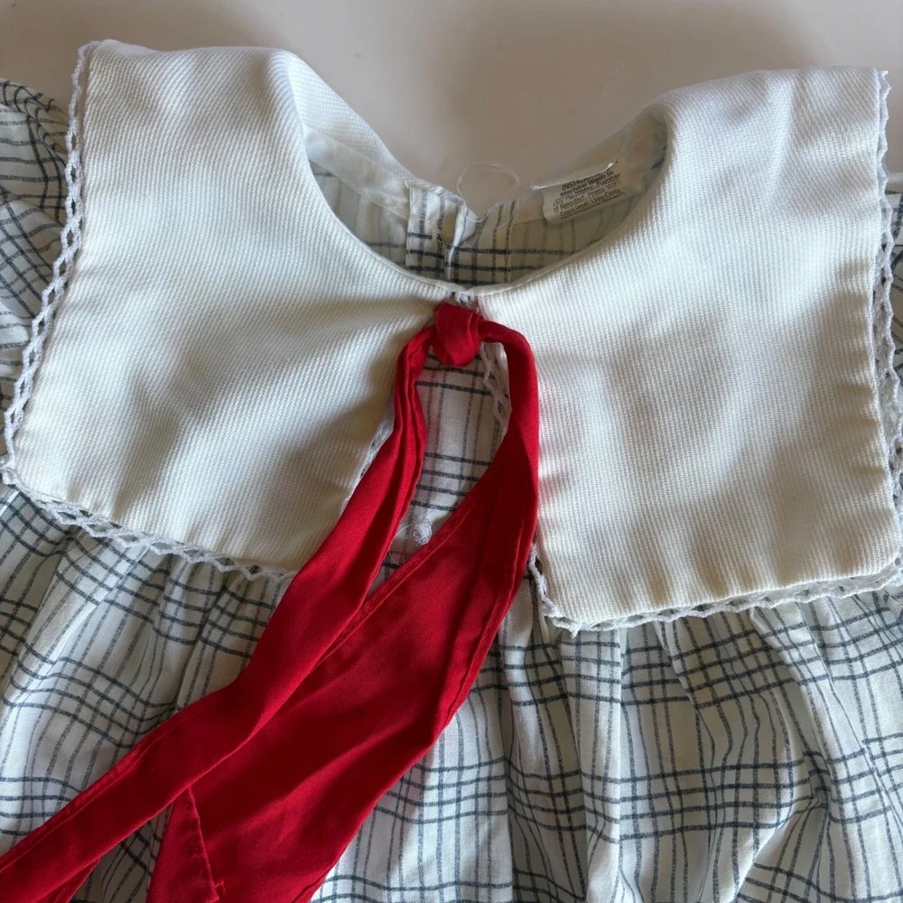 Vintage Toddler Girl 3 Plaid Dress Heart Flower Applique Lace Bib Collar Red Tie